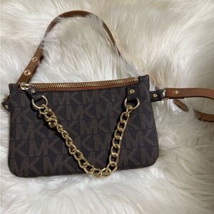 Michael Kors Brown Logo Wristlet with Gold Chain